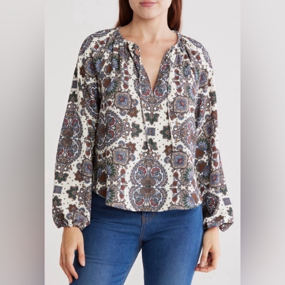 Veronica Beard Solay Paisley Print Crepe Bishop Long Sleeve Blouse Top Size 10